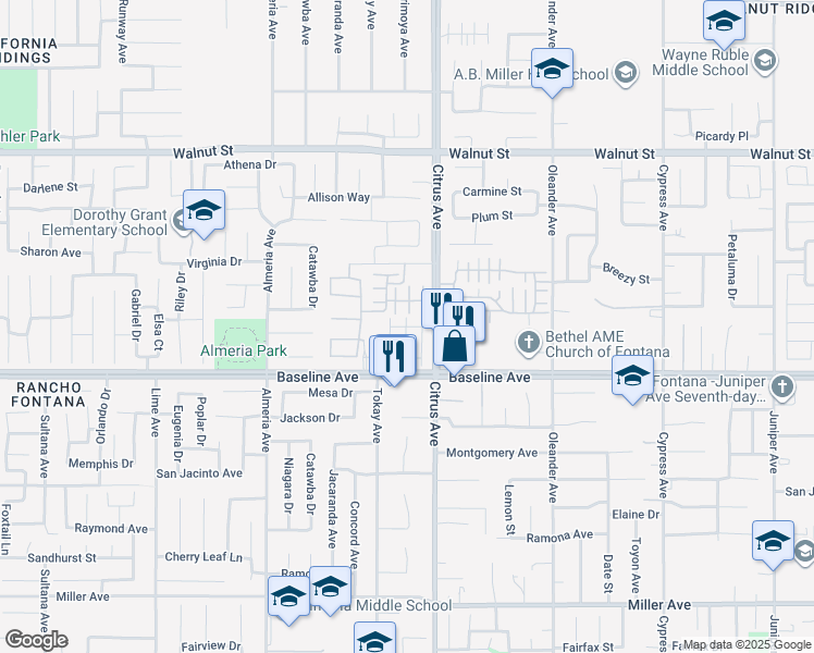 map of restaurants, bars, coffee shops, grocery stores, and more near Medley Ln in Fontana