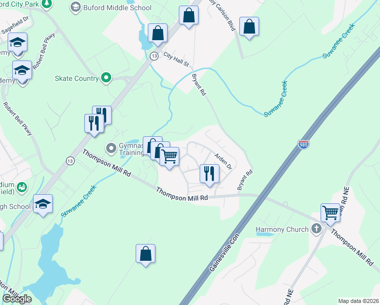 map of restaurants, bars, coffee shops, grocery stores, and more near 4749 Pebble Trce in Buford