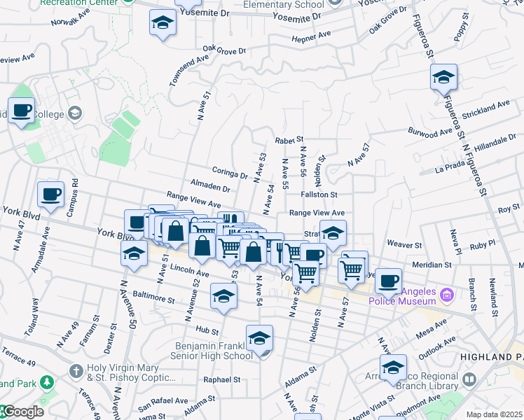 map of restaurants, bars, coffee shops, grocery stores, and more near 1607 North Avenue 54 in Los Angeles