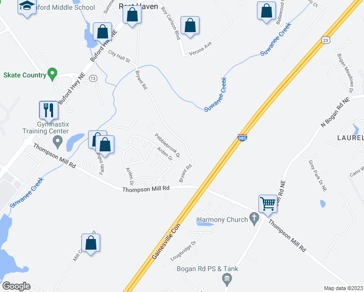 map of restaurants, bars, coffee shops, grocery stores, and more near 4570 Bryant Road in Buford