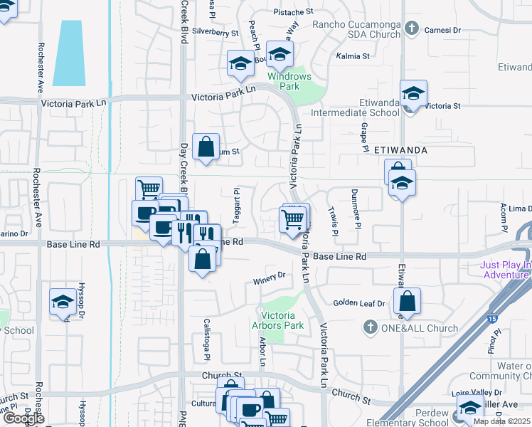 map of restaurants, bars, coffee shops, grocery stores, and more near 7199 San Carmela Court in Rancho Cucamonga