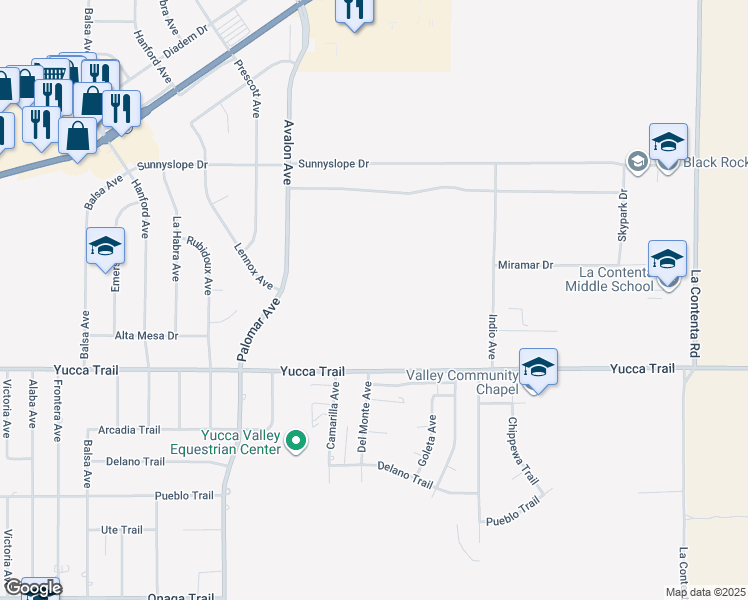 map of restaurants, bars, coffee shops, grocery stores, and more near Yucca Trail in Yucca Valley