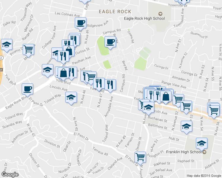 map of restaurants, bars, coffee shops, grocery stores, and more near 1411 Armadale Avenue in Los Angeles