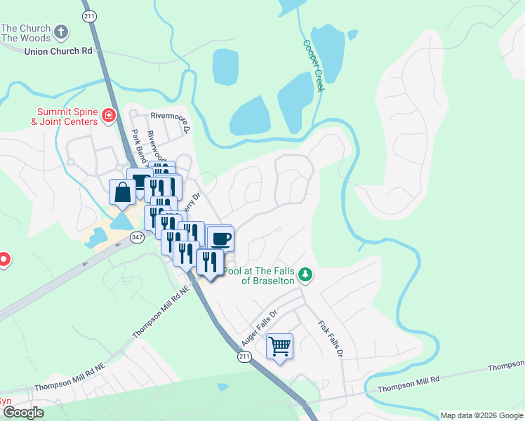 map of restaurants, bars, coffee shops, grocery stores, and more near 6595 White Walnut Way in Braselton