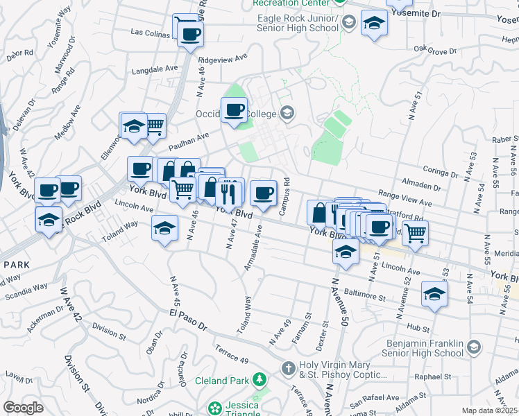 map of restaurants, bars, coffee shops, grocery stores, and more near 1411 Armadale Avenue in Los Angeles