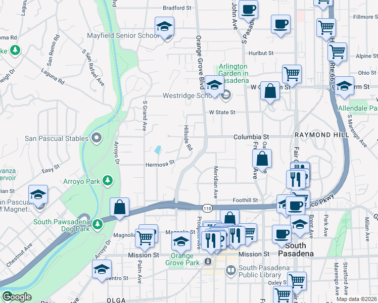 map of restaurants, bars, coffee shops, grocery stores, and more near 201 Hillside Road in South Pasadena