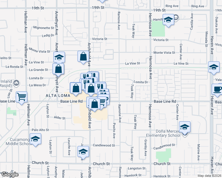 map of restaurants, bars, coffee shops, grocery stores, and more near 9800 Base Line Road in Rancho Cucamonga