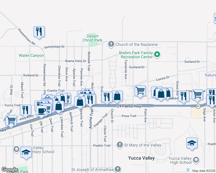 map of restaurants, bars, coffee shops, grocery stores, and more near 56254 29 Palms Highway in Yucca Valley