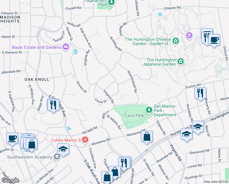 map of restaurants, bars, coffee shops, grocery stores, and more near 1535 Circle Drive in San Marino
