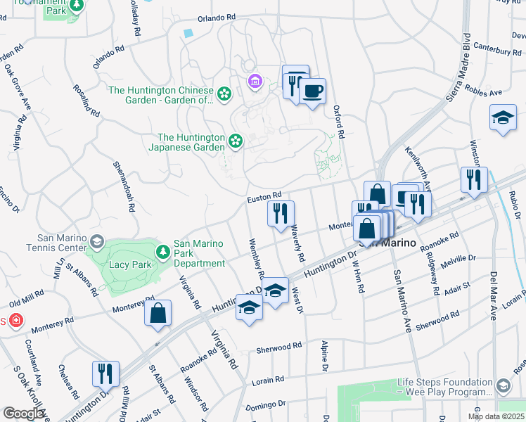 map of restaurants, bars, coffee shops, grocery stores, and more near 1355 Cambridge Road in San Marino