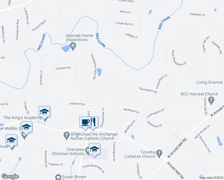 map of restaurants, bars, coffee shops, grocery stores, and more near 509 Hampton Court in Woodstock