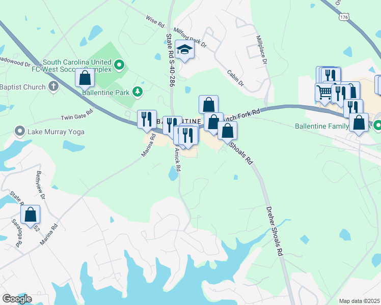 map of restaurants, bars, coffee shops, grocery stores, and more near 1339 Dutch Fork Road in Irmo