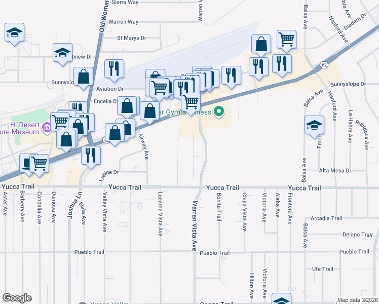 map of restaurants, bars, coffee shops, grocery stores, and more near 7144 Murray Lane in Yucca Valley