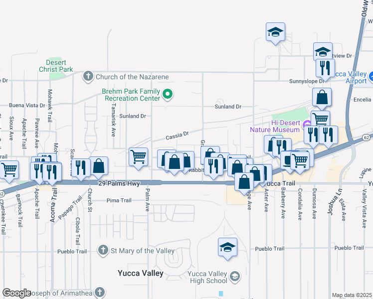map of restaurants, bars, coffee shops, grocery stores, and more near 56639 Cassia Drive in Yucca Valley