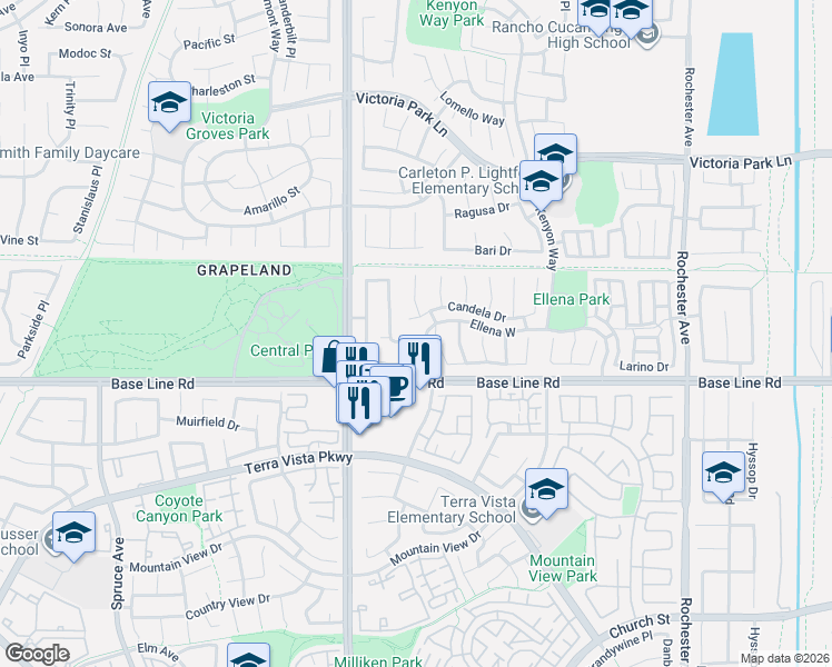 map of restaurants, bars, coffee shops, grocery stores, and more near 7185 Ravenswood Place in Rancho Cucamonga