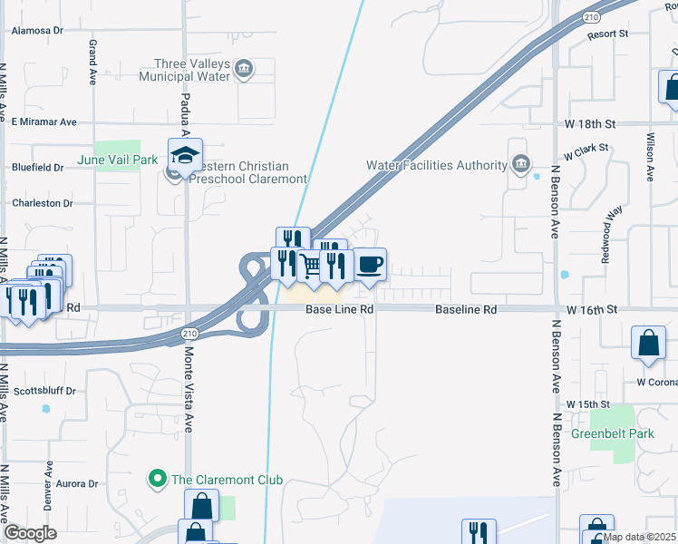 map of restaurants, bars, coffee shops, grocery stores, and more near Foothill Freeway in Upland
