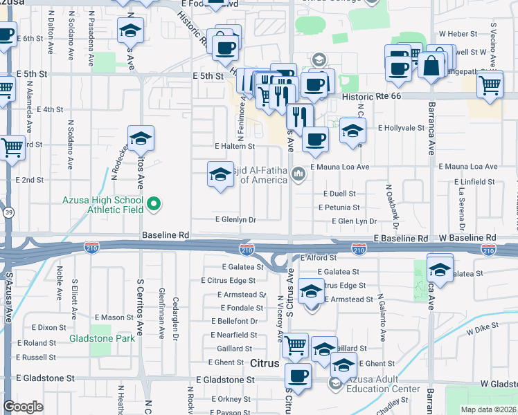 map of restaurants, bars, coffee shops, grocery stores, and more near 151 North Calvados Avenue in Azusa
