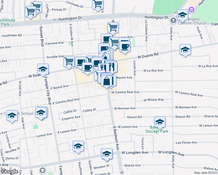 map of restaurants, bars, coffee shops, grocery stores, and more near 1412 South Baldwin Avenue in Arcadia