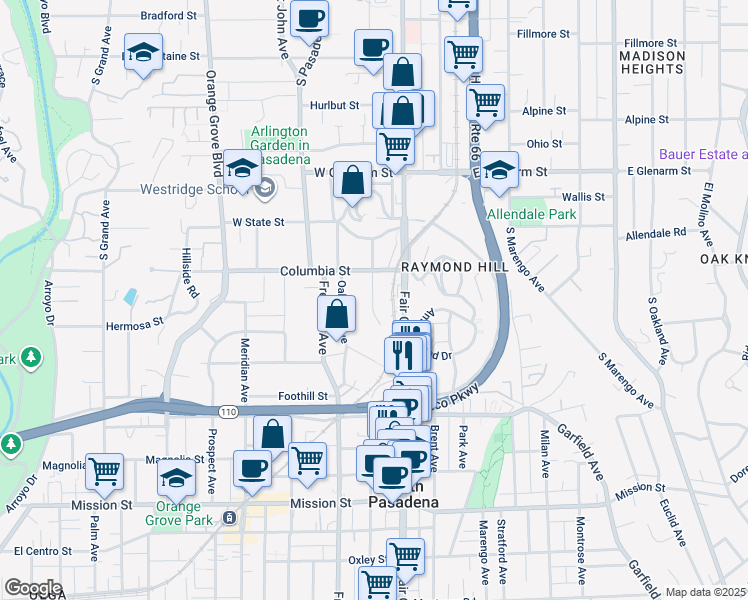 map of restaurants, bars, coffee shops, grocery stores, and more near 229 Grace Drive in South Pasadena