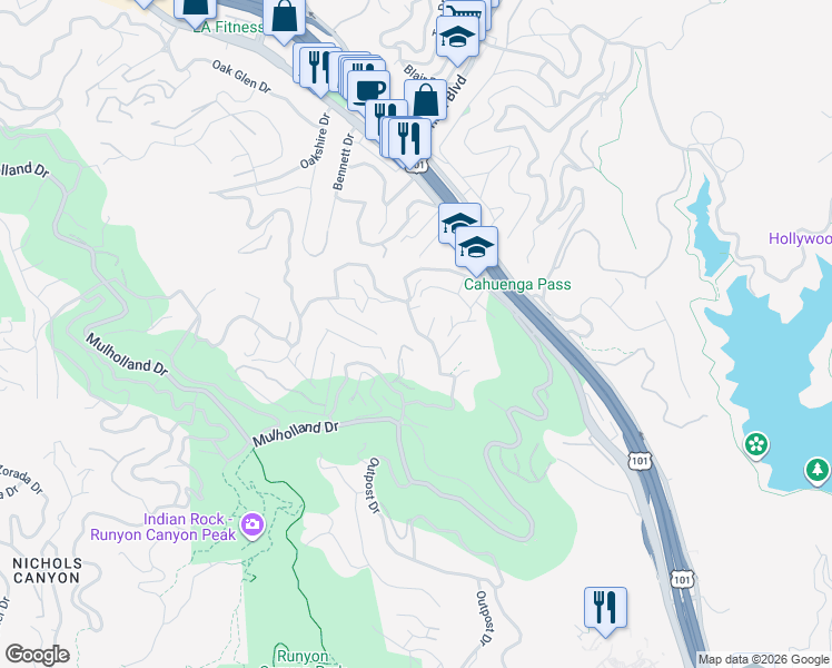 map of restaurants, bars, coffee shops, grocery stores, and more near 6815 Pacific View Drive in Los Angeles