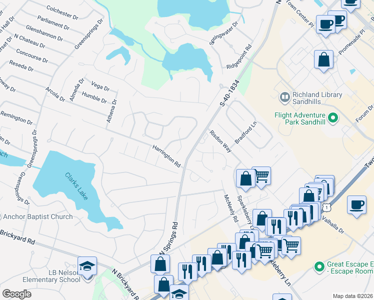 map of restaurants, bars, coffee shops, grocery stores, and more near 112 Dove Park Road in Columbia