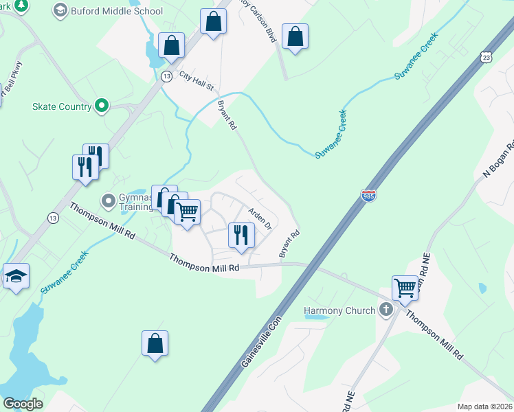map of restaurants, bars, coffee shops, grocery stores, and more near 2976 Pebblebrook Drive in Buford