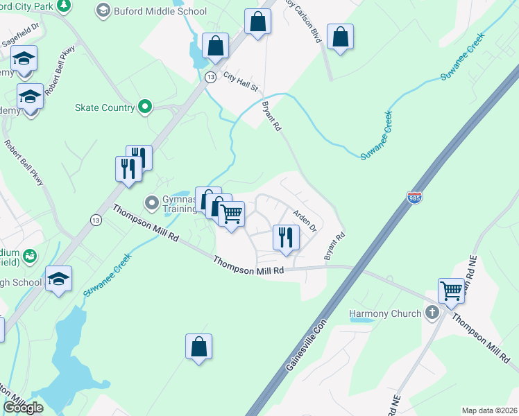 map of restaurants, bars, coffee shops, grocery stores, and more near 4749 Pebble Trce in Buford