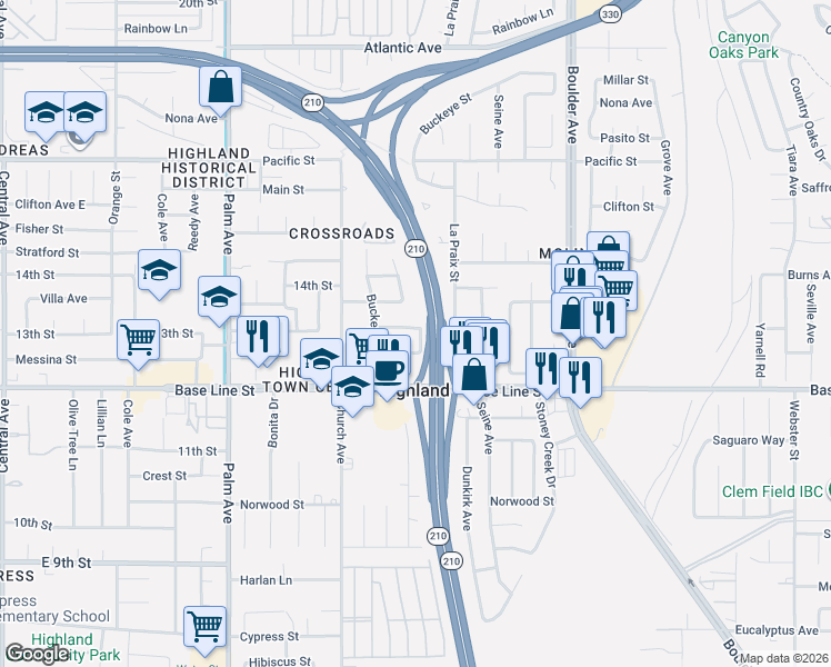 map of restaurants, bars, coffee shops, grocery stores, and more near 27631 Villa Avenue in Highland