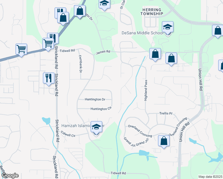 map of restaurants, bars, coffee shops, grocery stores, and more near 195 Huntington Circle in Alpharetta