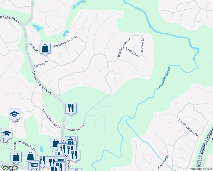 map of restaurants, bars, coffee shops, grocery stores, and more near 1049 Towne Lake Hills East in Woodstock
