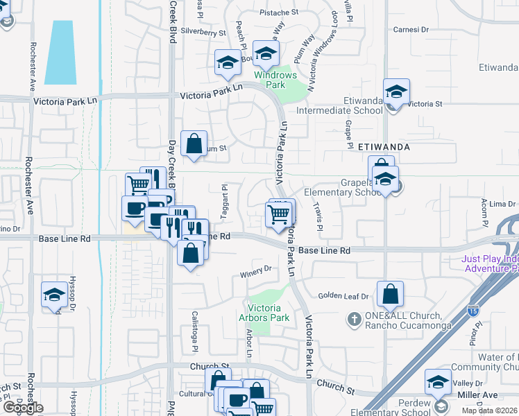 map of restaurants, bars, coffee shops, grocery stores, and more near 12584 Atwood Court in Rancho Cucamonga