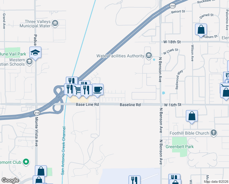 map of restaurants, bars, coffee shops, grocery stores, and more near 1635 Atchison Place in Upland