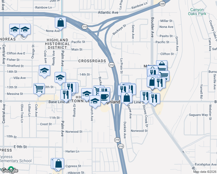 map of restaurants, bars, coffee shops, grocery stores, and more near 27611 Villa Avenue in Highland