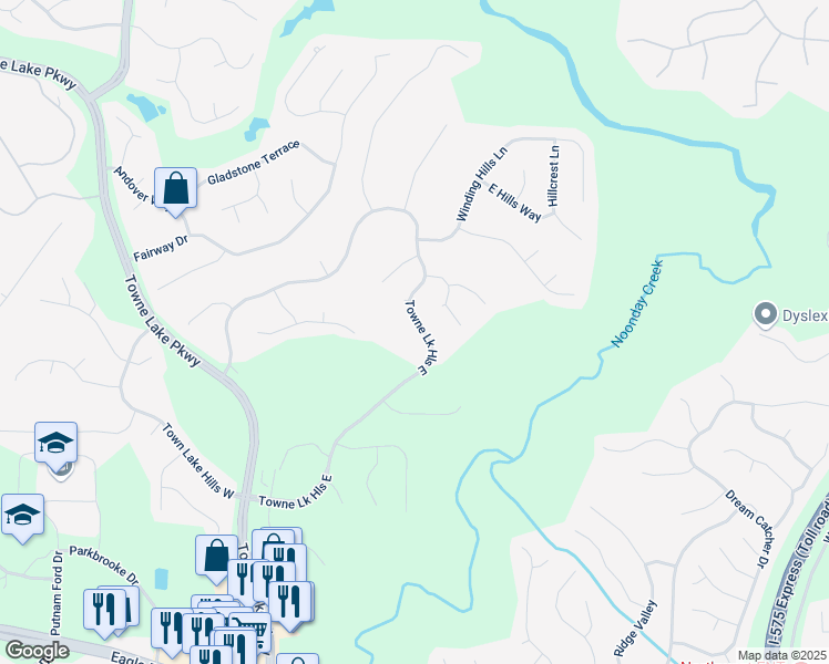 map of restaurants, bars, coffee shops, grocery stores, and more near 1050 Towne Lake Hill East in Woodstock