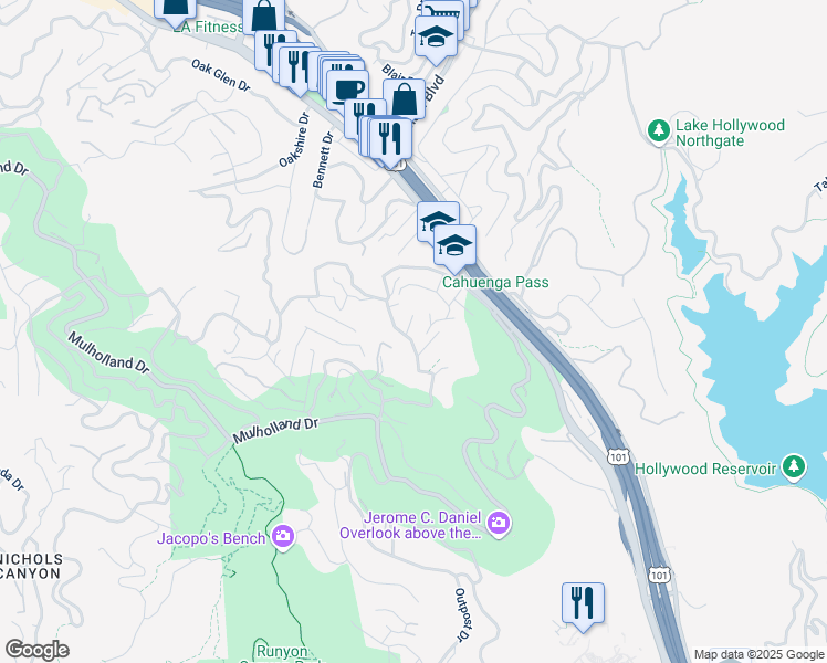 map of restaurants, bars, coffee shops, grocery stores, and more near 3006 Vista Crest Drive in Los Angeles