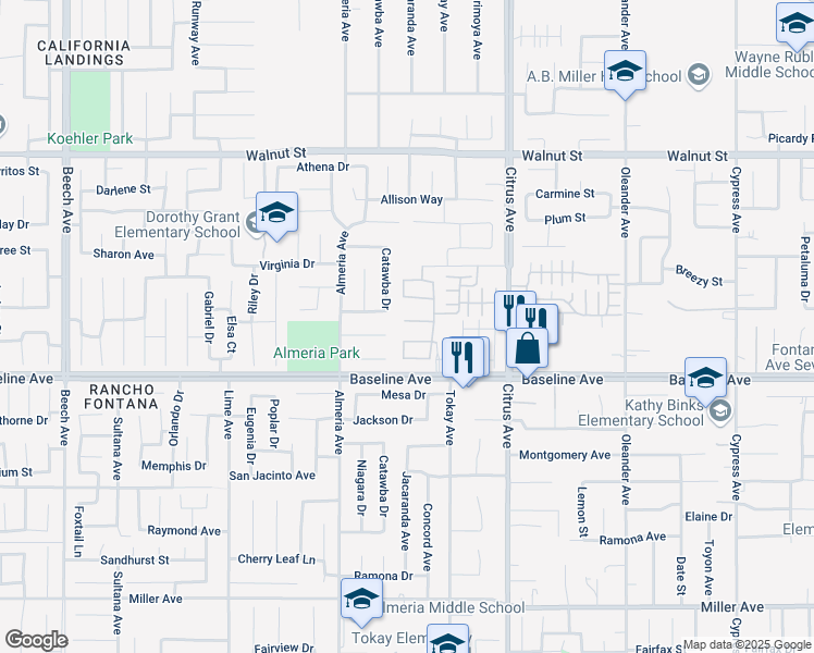 map of restaurants, bars, coffee shops, grocery stores, and more near 15915 Serenade Lane in Fontana