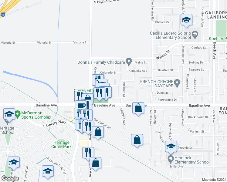 map of restaurants, bars, coffee shops, grocery stores, and more near 7215 New Mexico Court in Fontana
