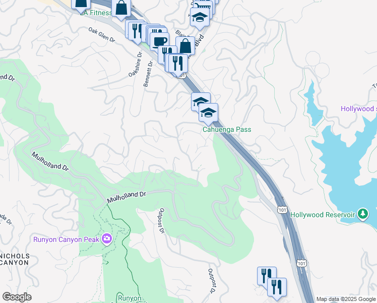 map of restaurants, bars, coffee shops, grocery stores, and more near 3006 Vista Crest Drive in Los Angeles