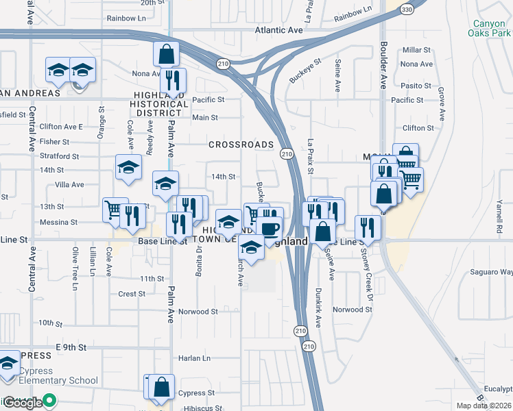 map of restaurants, bars, coffee shops, grocery stores, and more near 27521 14th Street in Highland