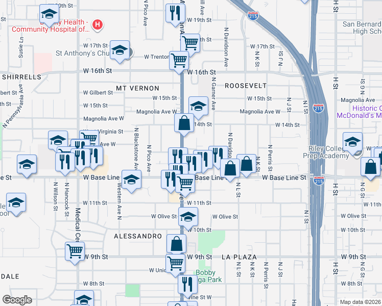 map of restaurants, bars, coffee shops, grocery stores, and more near 1327 North Mount Vernon Avenue in San Bernardino