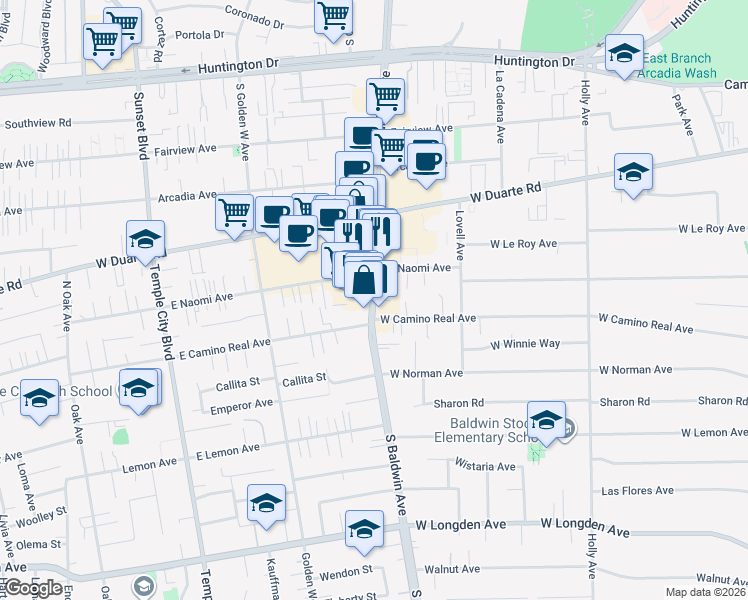 map of restaurants, bars, coffee shops, grocery stores, and more near 1522 South Baldwin Avenue in Arcadia