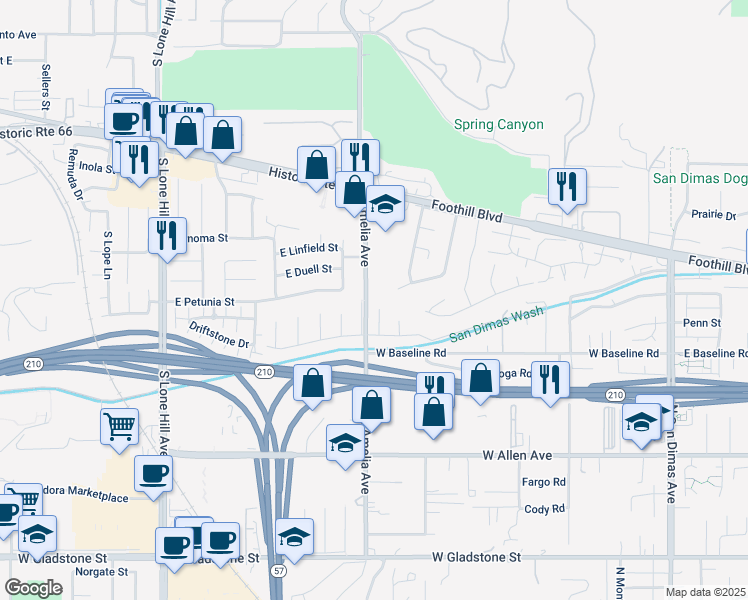 map of restaurants, bars, coffee shops, grocery stores, and more near 1172 Wagon Wheel Court in San Dimas