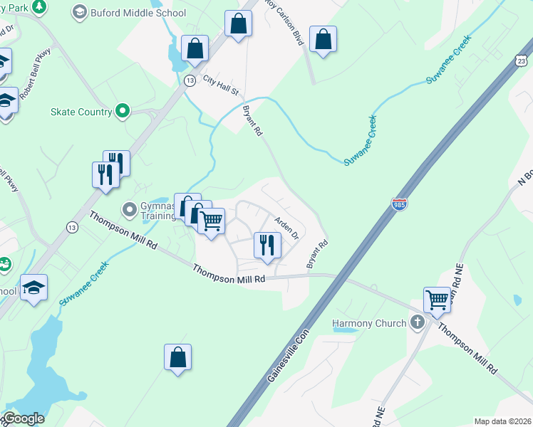 map of restaurants, bars, coffee shops, grocery stores, and more near 4636 Candlewyck Way in Buford