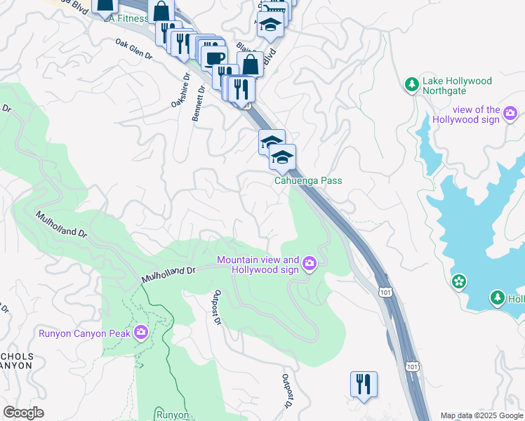map of restaurants, bars, coffee shops, grocery stores, and more near 6909 Cahuenga Park Trail in Los Angeles