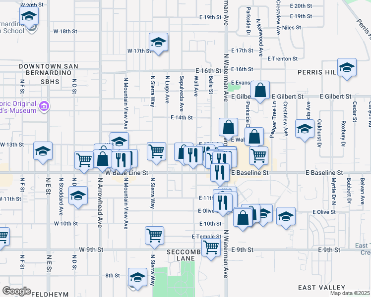 map of restaurants, bars, coffee shops, grocery stores, and more near 1283 Sepulveda Avenue in San Bernardino
