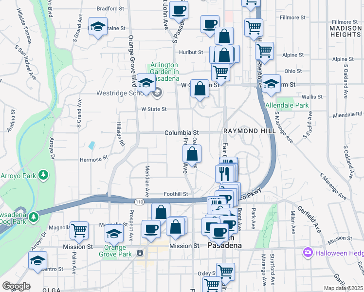 map of restaurants, bars, coffee shops, grocery stores, and more near 225 Fremont Avenue in South Pasadena