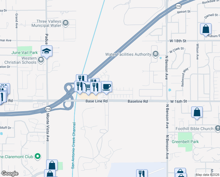map of restaurants, bars, coffee shops, grocery stores, and more near 1635 Peach Tree Place in Upland