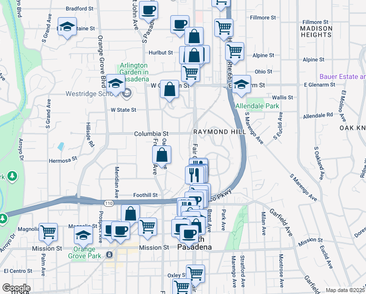 map of restaurants, bars, coffee shops, grocery stores, and more near 270 Grace Drive in South Pasadena
