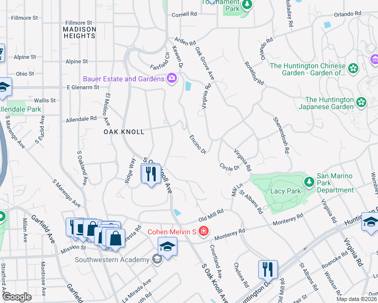 map of restaurants, bars, coffee shops, grocery stores, and more near 935 Hillcrest Place in Pasadena