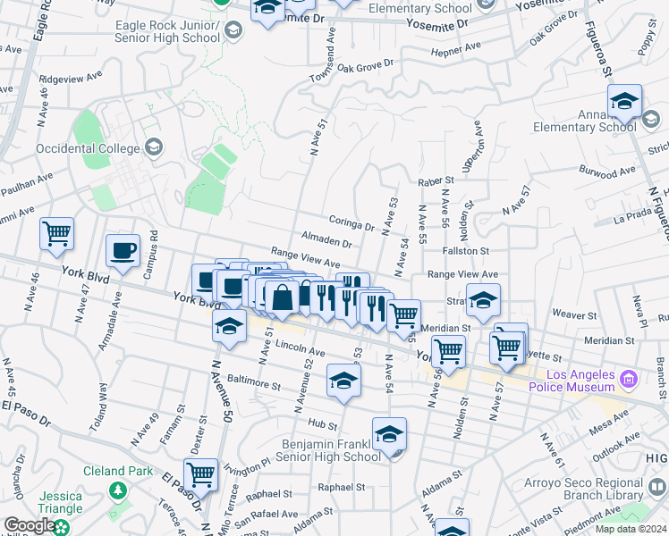 map of restaurants, bars, coffee shops, grocery stores, and more near 1688 North Avenue 52 in Los Angeles